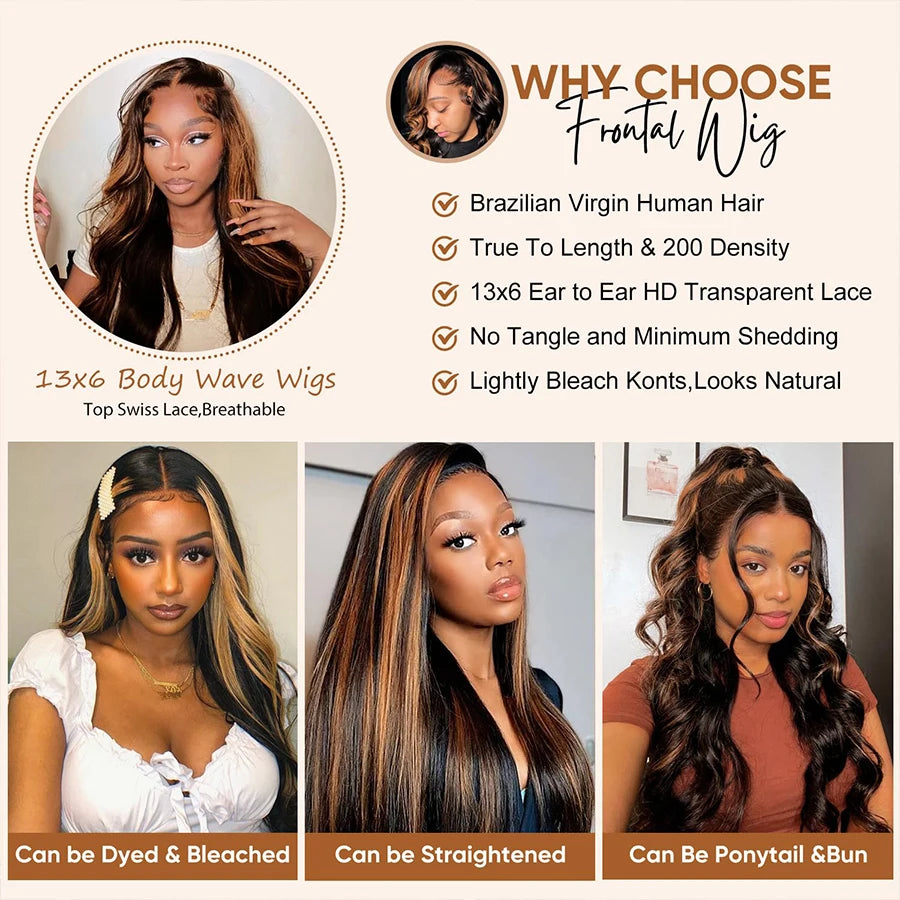 1B/30 Highlight Ombre 13x6 Lace Front Wig – Black Brown Colored Body Wave, Pre-Plucked 30 Inch