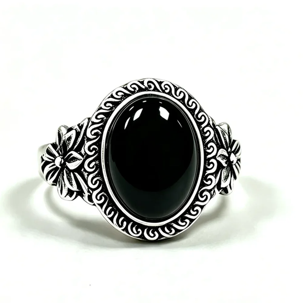 925 Sterling Silver Natural Labradorite Rings Oval Shape 10*14MM Large Stone and Flower Vintage Retro Silver Jewelry For Women
