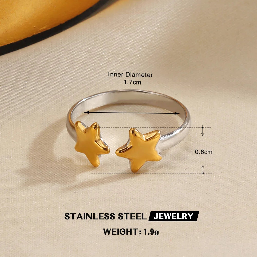 LATS Stainless Steel Y2K Celestial Star Open Rings for Women Men Unique Design Gold Silver Color Adjustable Ring Fashion Jewelry