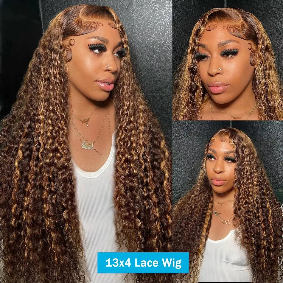 Honey Blonde P4/27 Highlight Curly Deep Wave HD Lace Frontal Wig – 13x4 & 13x6, 30–36 Inch
