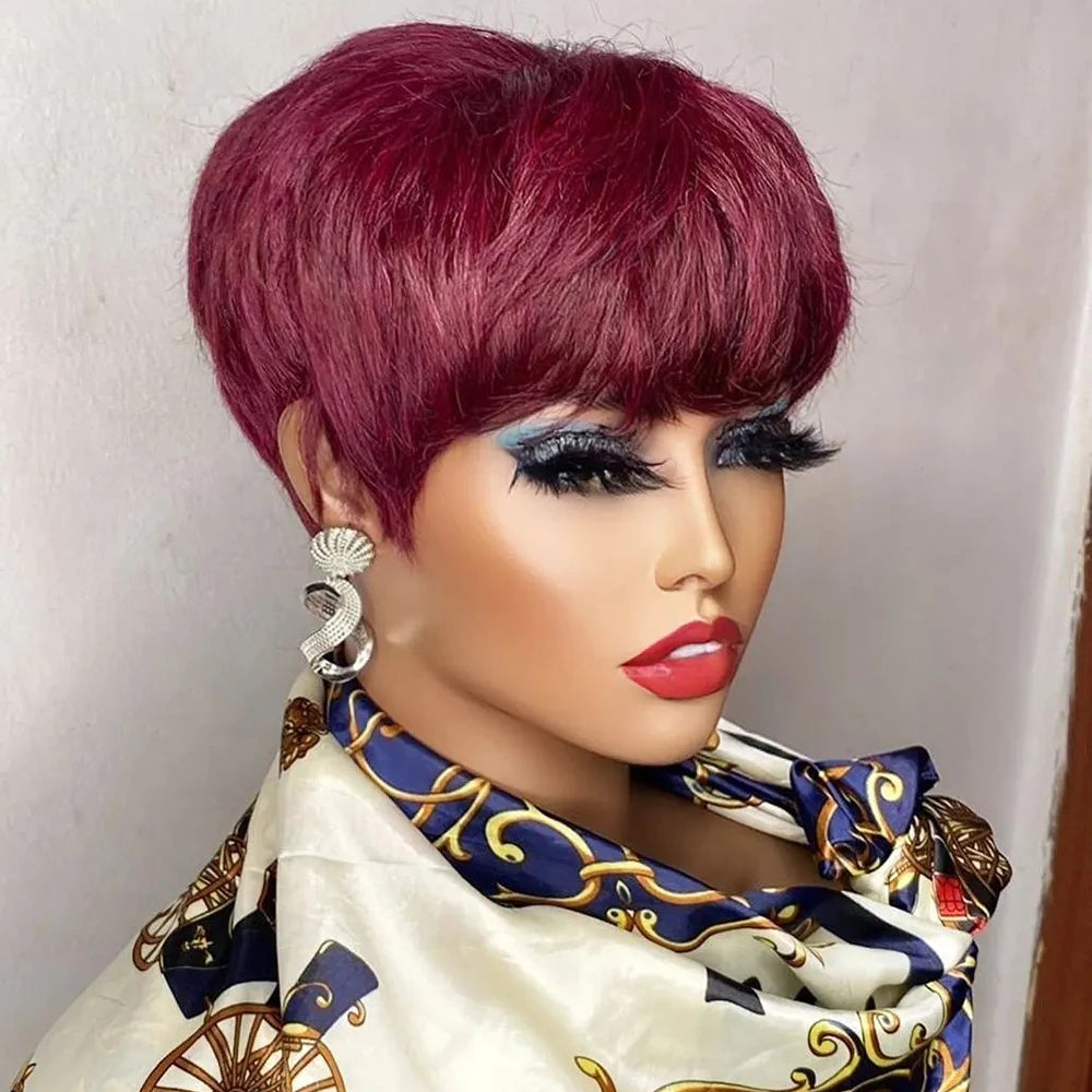 Brown Short Pixie Cut Wig – Human Hair with Bangs, Machine Made for Black Women