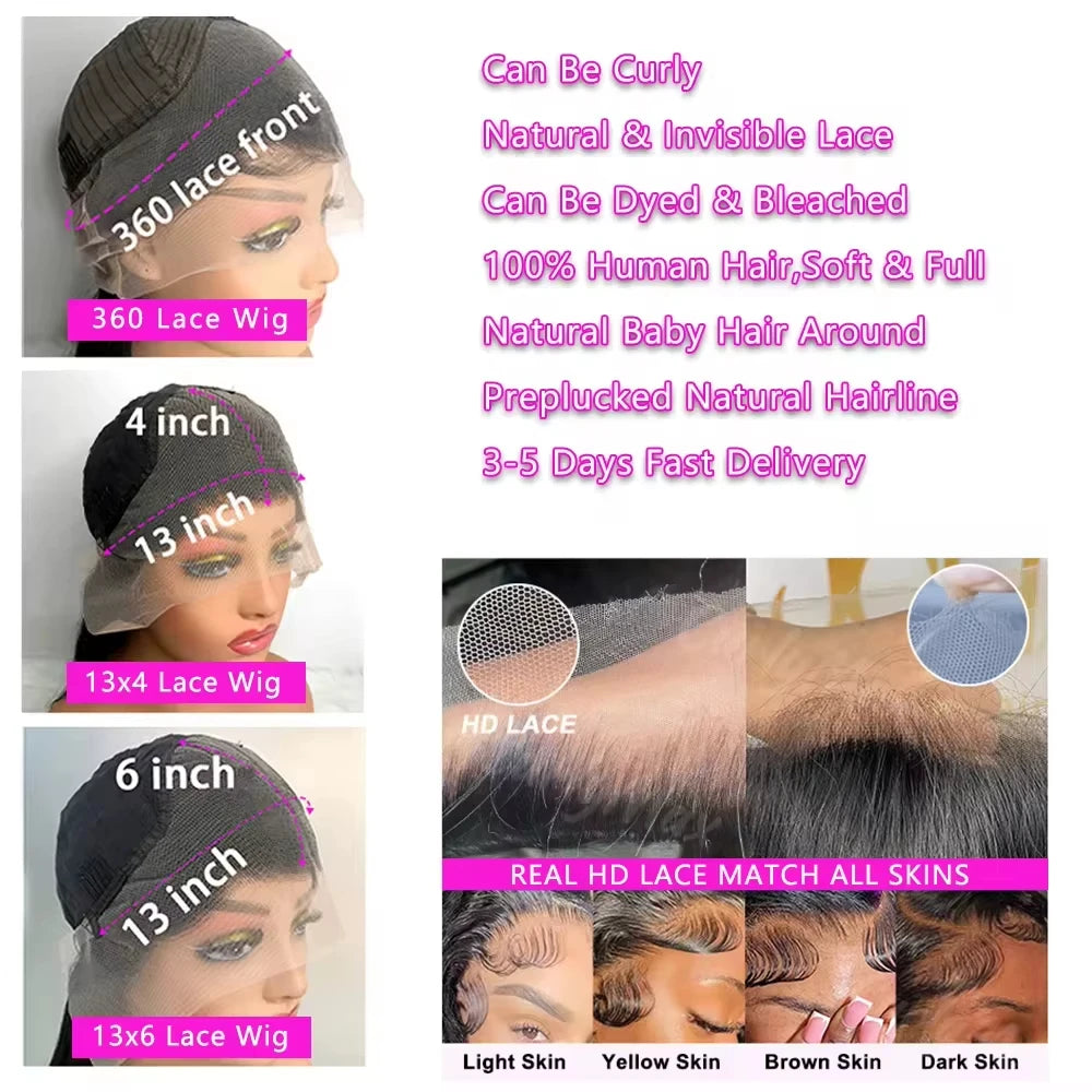 Body Wave 13x6 & 13x4 HD Transparent Lace Frontal Wig – 360 Full Lace, 250% Density 46 Inch