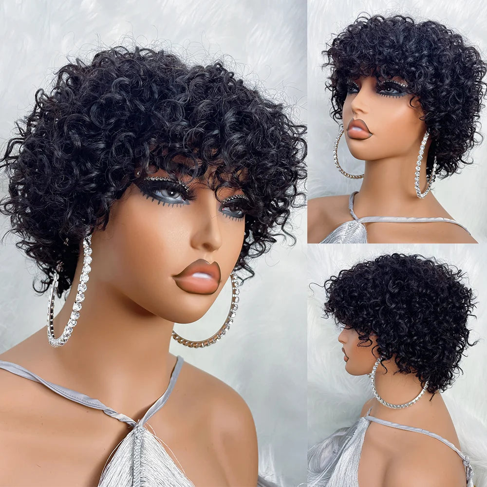 Pixie Cut Curly Bob Wig with Bangs – Glueless Human Hair for Black Women, Afro Rose Curl