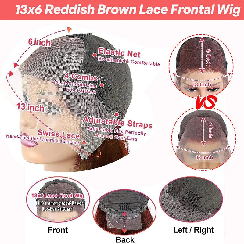 Reddish Brown #33 Body Wave 13x6 Lace Front Wig – Pre-Plucked Baby Hair, 180% Colored