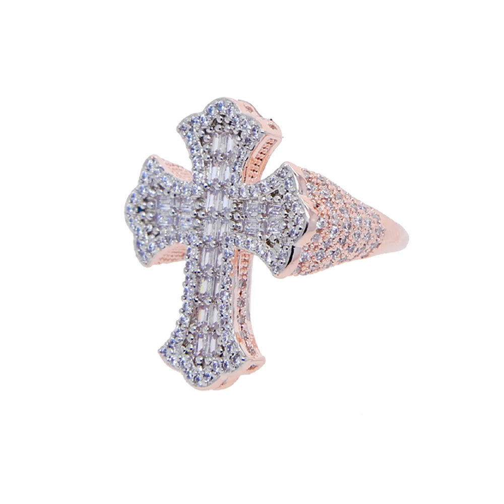 New Two Tone Color Cross Ring Iced Out Bling 5A CZ Stone Zircon Prong Setting Luxulry Finger Rings Men Women Hip Hop Jewelry