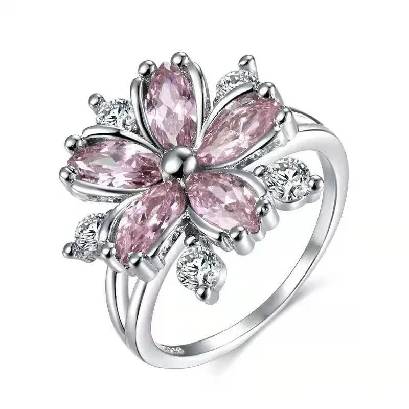 Cute Female Pink Crystal Stone Ring Charm upscale Thin Wedding Rings For Women Dainty Bride Flower Zircon Engagement Ring