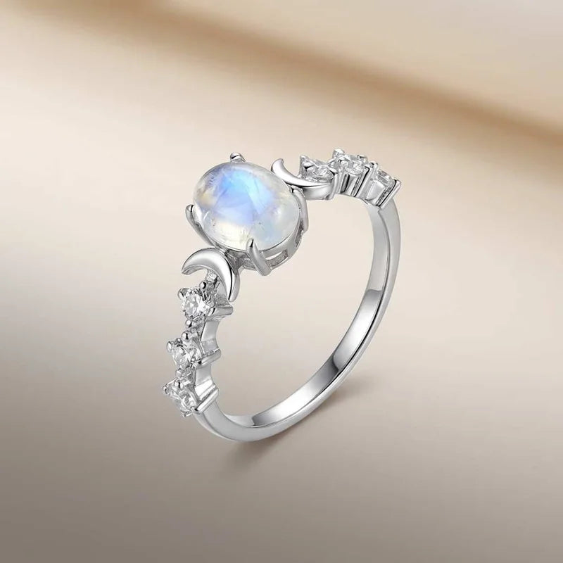925 Sterling Silver Imitation Opal Moon Rings for Women Aesthetic Wedding Accessories Fancy Anniversary Gift Statement Jewelry