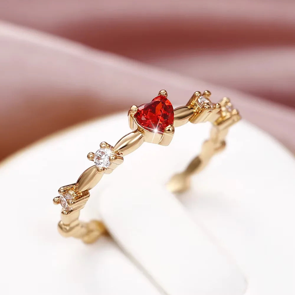 925 Sterling Silve Plated 18K Gold Zircon Red Love Heart Rings for Women Party Wedding High Quality Vintage Fine Jewelry
