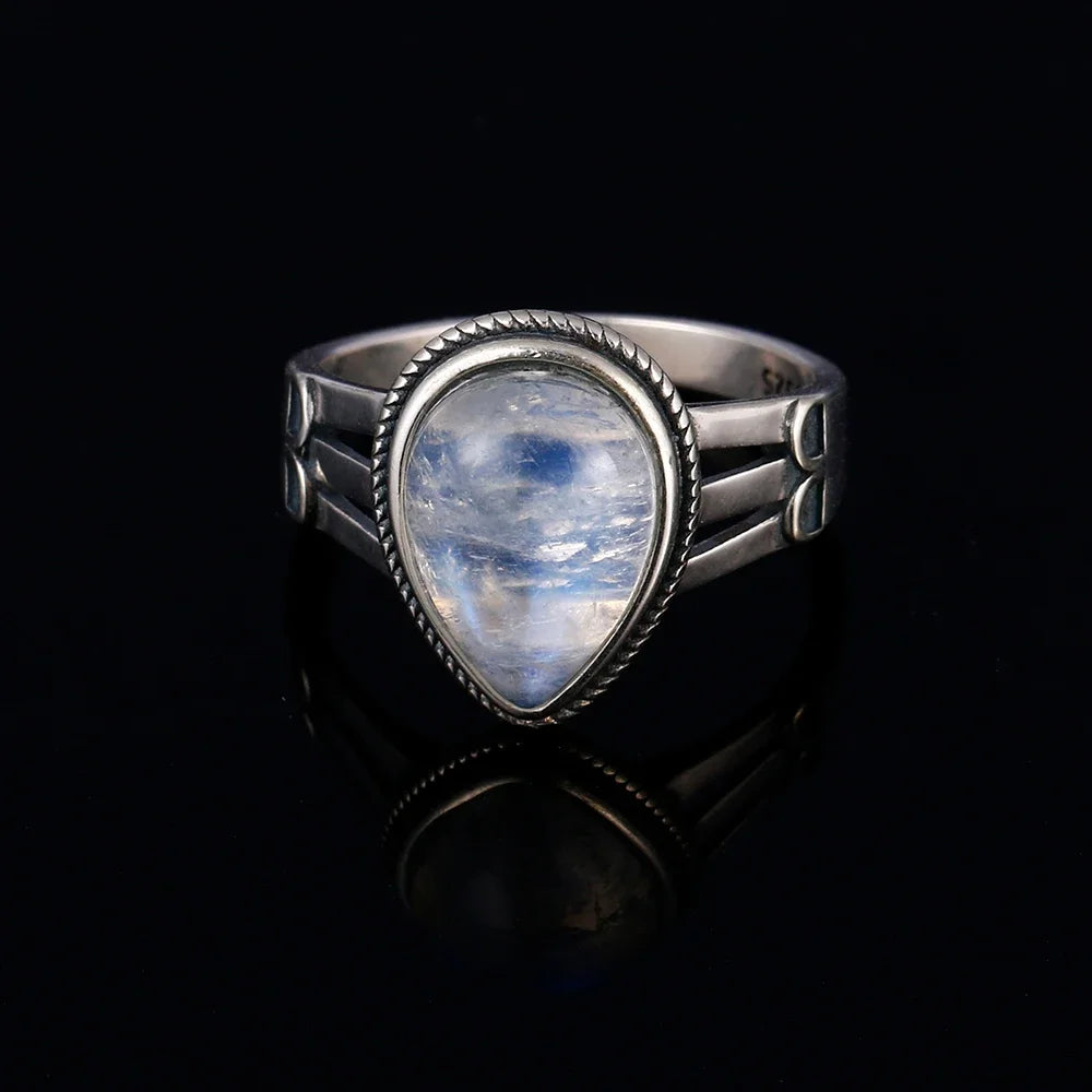 Round Oval Big Natural Moonstones Rings Women's Silver Plated Rings Gifts Vintage Fine Jewelry