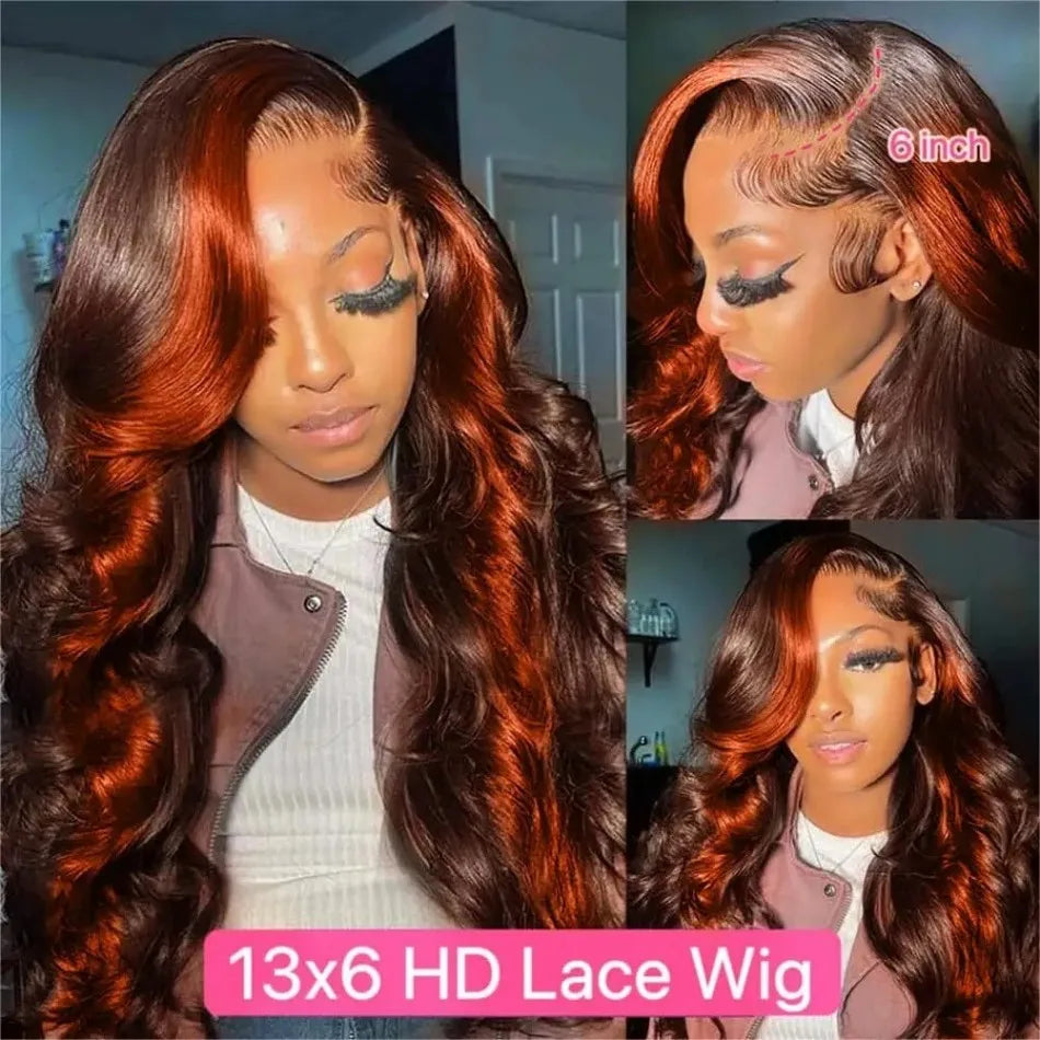 Highlight Ginger Orange Ombre Body Wave 13x6 HD Lace Wig – Pre-Plucked, 250% Density