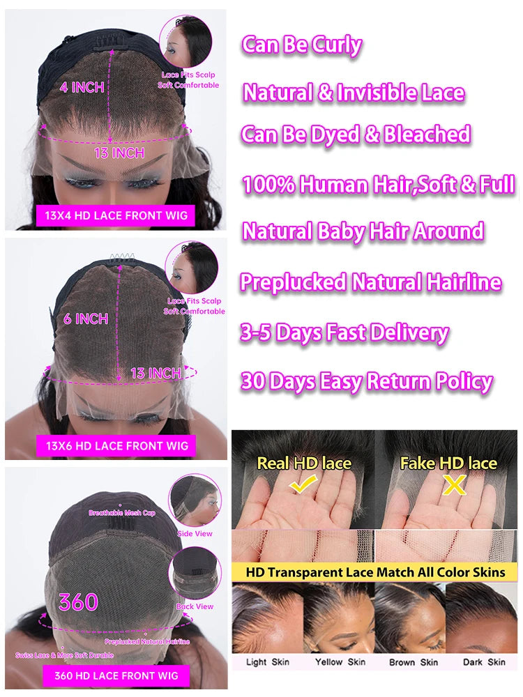 Body Wave 13x6 HD Transparent Lace Frontal Wig – 250% Real Density 13x4 & 360, 30–40 Inch