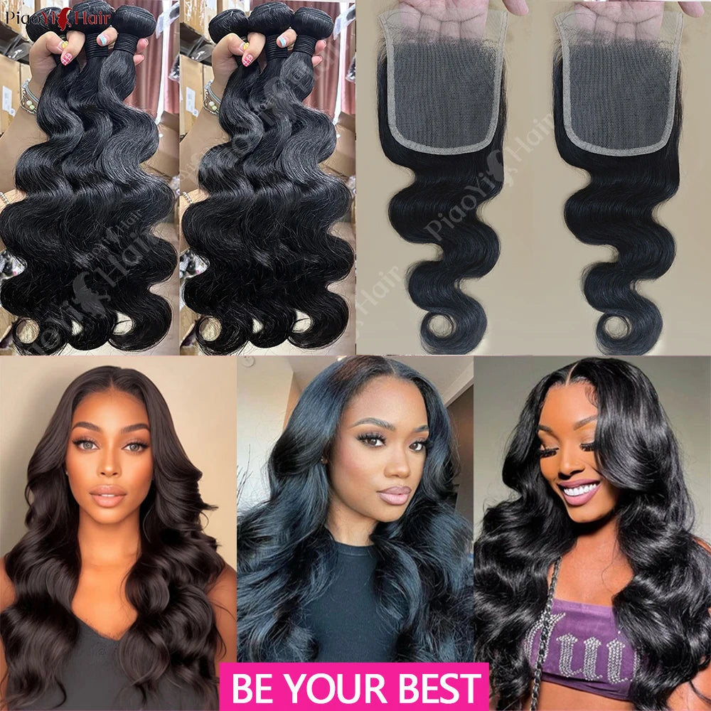 Body Wave Hair Bundles with 4x4 / 5x5 Closure – Raw Human Hair Weave, 2x6 Middle Part Option