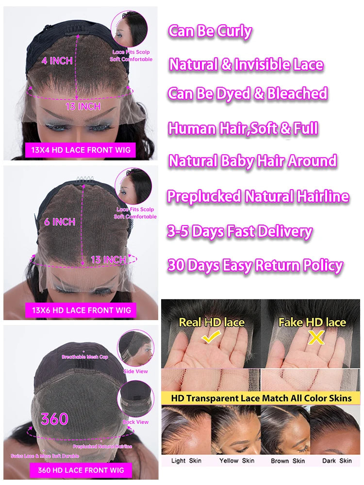 Bone Straight 13x4 & 13x6 HD Transparent Lace Frontal Wig – Pre-Plucked, 30–40 Inch