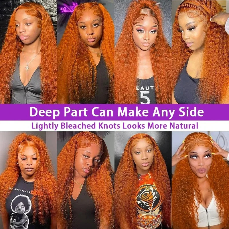 Ginger Orange #350 Water Wave Curly 13x4 & 13x6 Lace Front Wig – 260% Density, 34 Inch