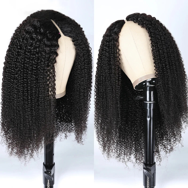 Kinky Curly V Part Wig – Human Hair No Leave-Out Thin Part, 250% Density Afro Curly