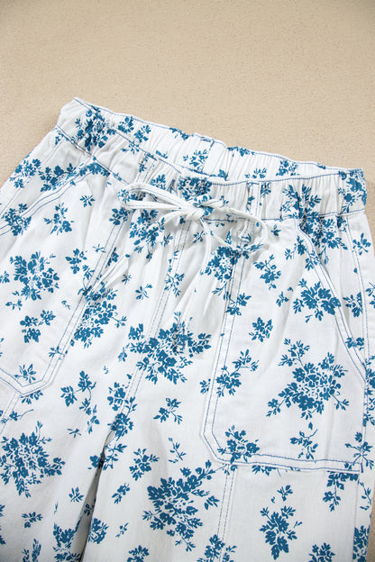 Sky Blue Floral Print Tie Waist Straight Leg Jeans