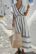 YSONA Striped Wrap Half Sleeve Maxi Dress — back view | Women's Dress | Shop YSONA