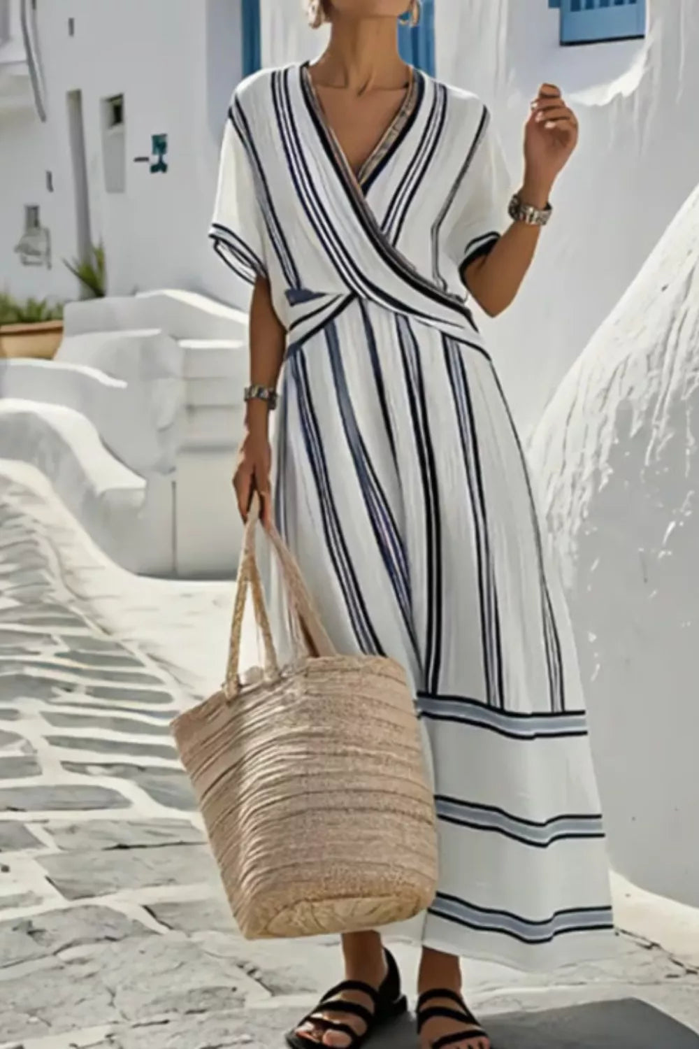 YSONA Striped Wrap Half Sleeve Maxi Dress — back view | Women's Dress | Shop YSONA
