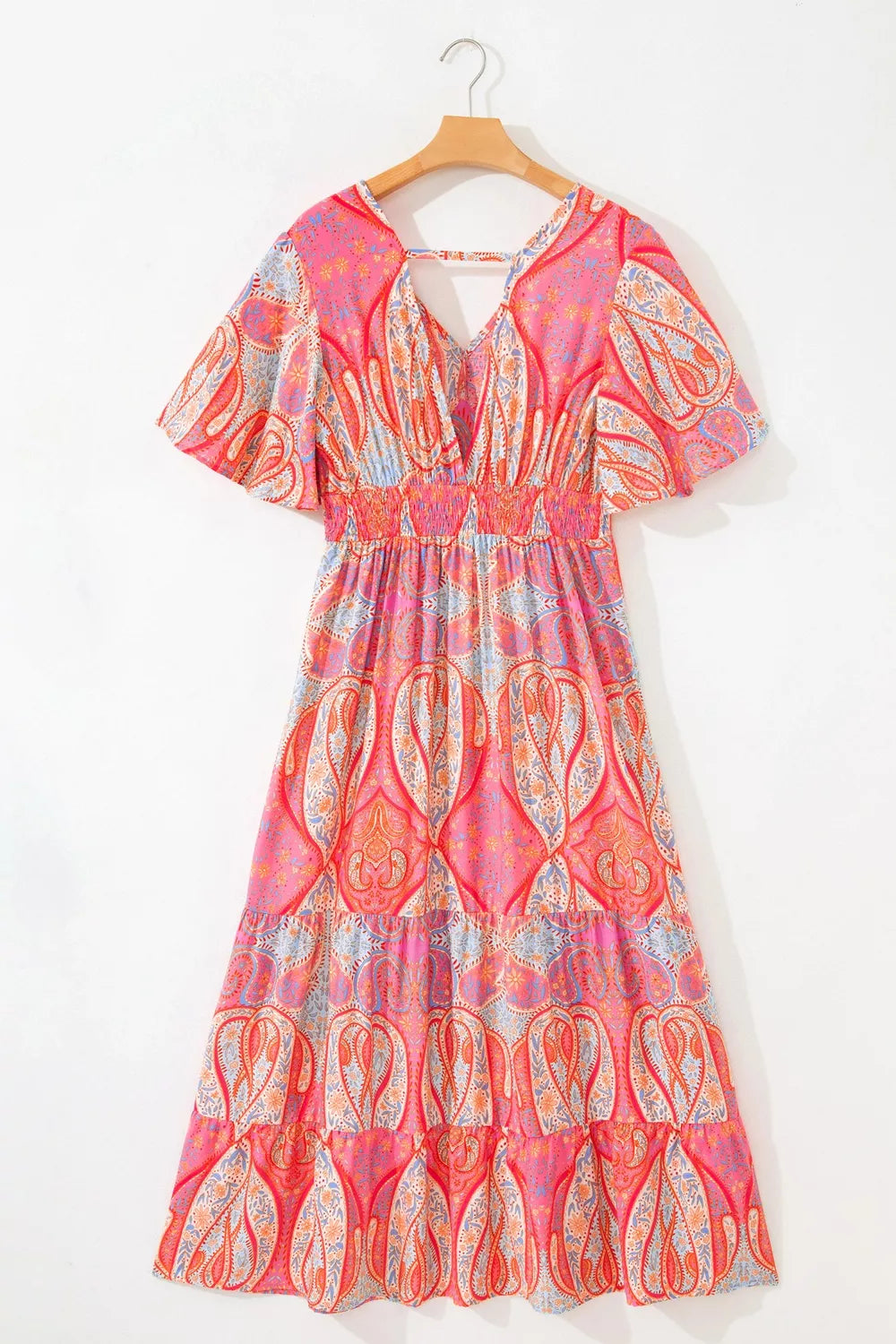 YSONA Paisley Print V-Neck Short Sleeve Boho Dress — close-up view | Women's Dress | Shop YSONA