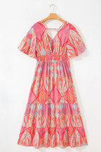 YSONA Paisley Print V-Neck Short Sleeve Boho Dress — close-up view | Women's Dress | Shop YSONA