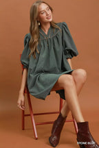YSONA Umgee Textured Puff Sleeve Mini Dress — detail view | Women's Dress | Shop YSONA