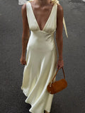 YSONA Satin Tie Shoulder Deep V-Neck Dress — front view | Women's Dress | Shop YSONA