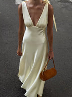 YSONA Satin Tie Shoulder Deep V-Neck Dress — front view | Women's Dress | Shop YSONA