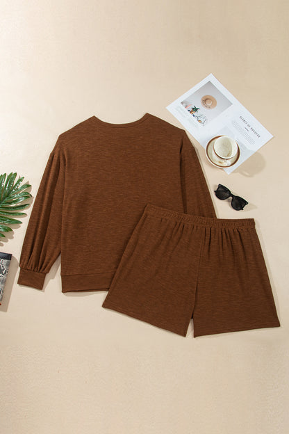 Chestnut Drop Shoulder Long Sleeve Top Elastic Waist Shorts Plus Size Set