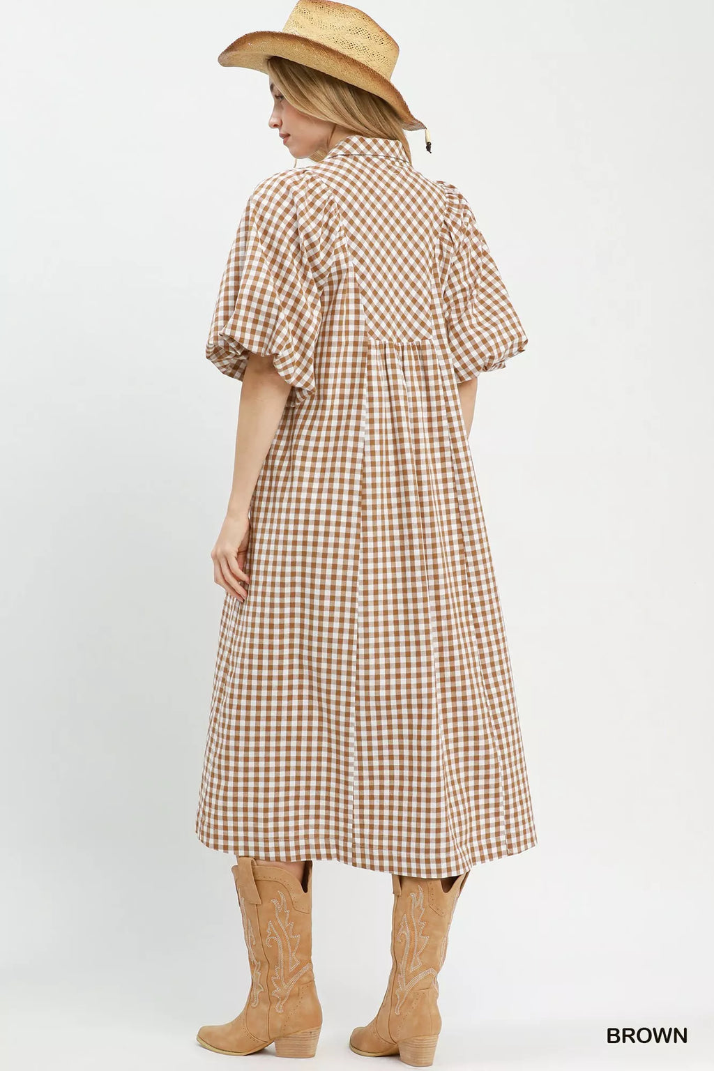 YSONA Umgee Puff Sleeve Plaid Midi Dress — side view | Women's Dress | Shop YSONA