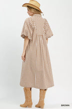 YSONA Umgee Puff Sleeve Plaid Midi Dress — side view | Women's Dress | Shop YSONA