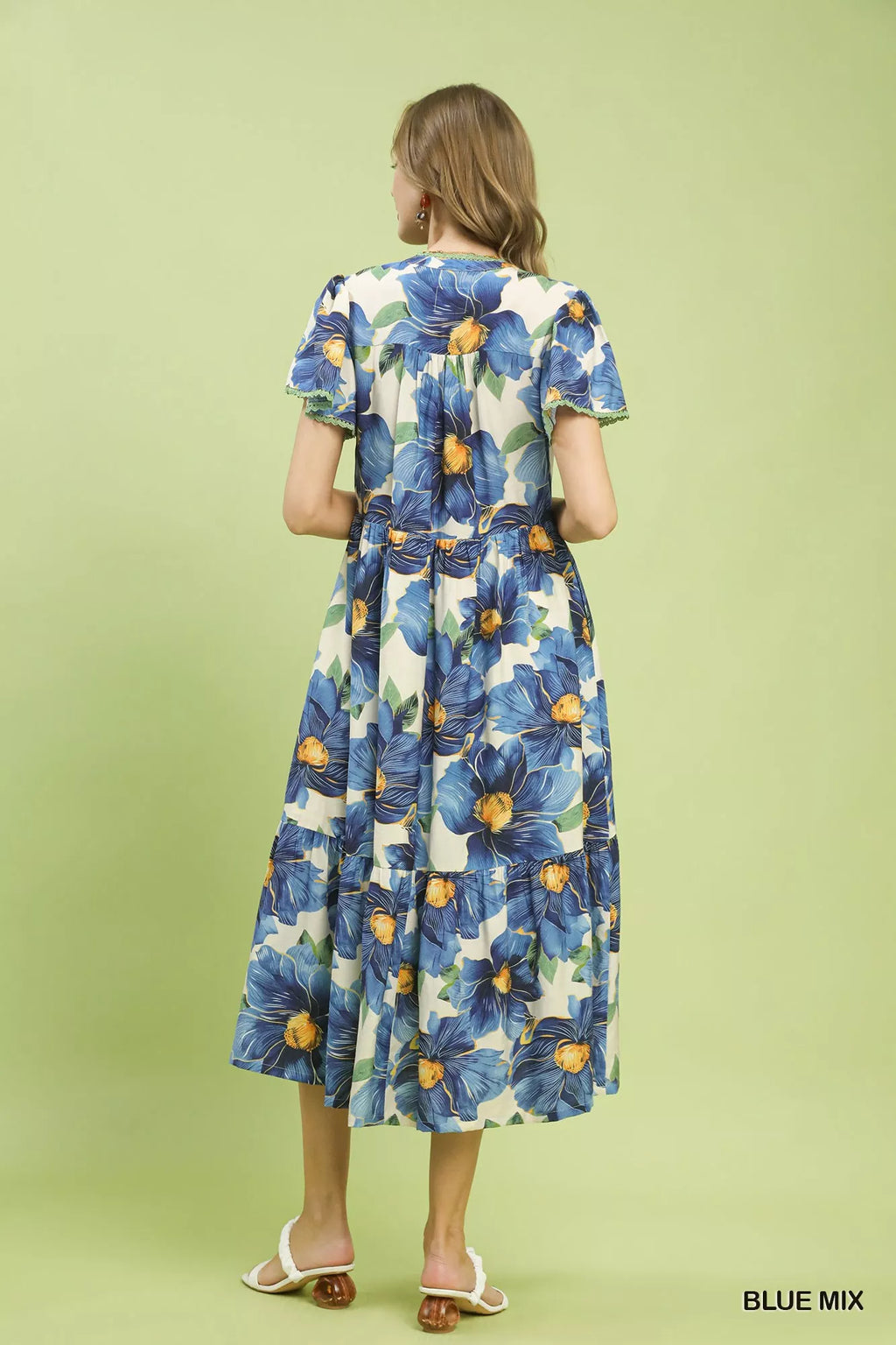 YSONA Umgee Tropical Floral V-Neck Flutter Sleeve Tiered Midi Dress — side view | Women's Dress