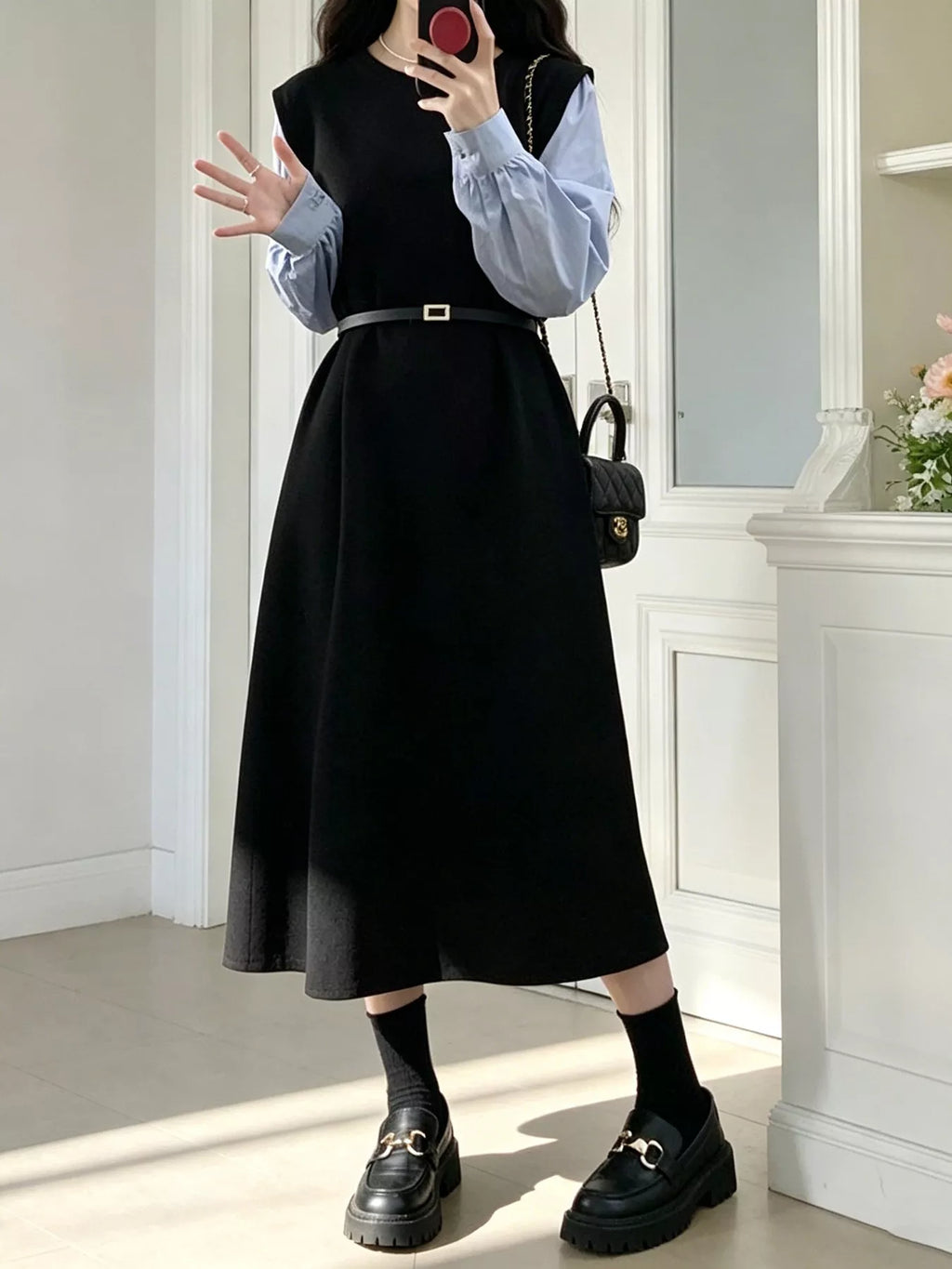 YSONA Contrast Sleeve A-Line Dress with Belt — back view | Women's Dress | Shop YSONA