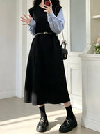 YSONA Contrast Sleeve A-Line Dress with Belt — back view | Women's Dress | Shop YSONA