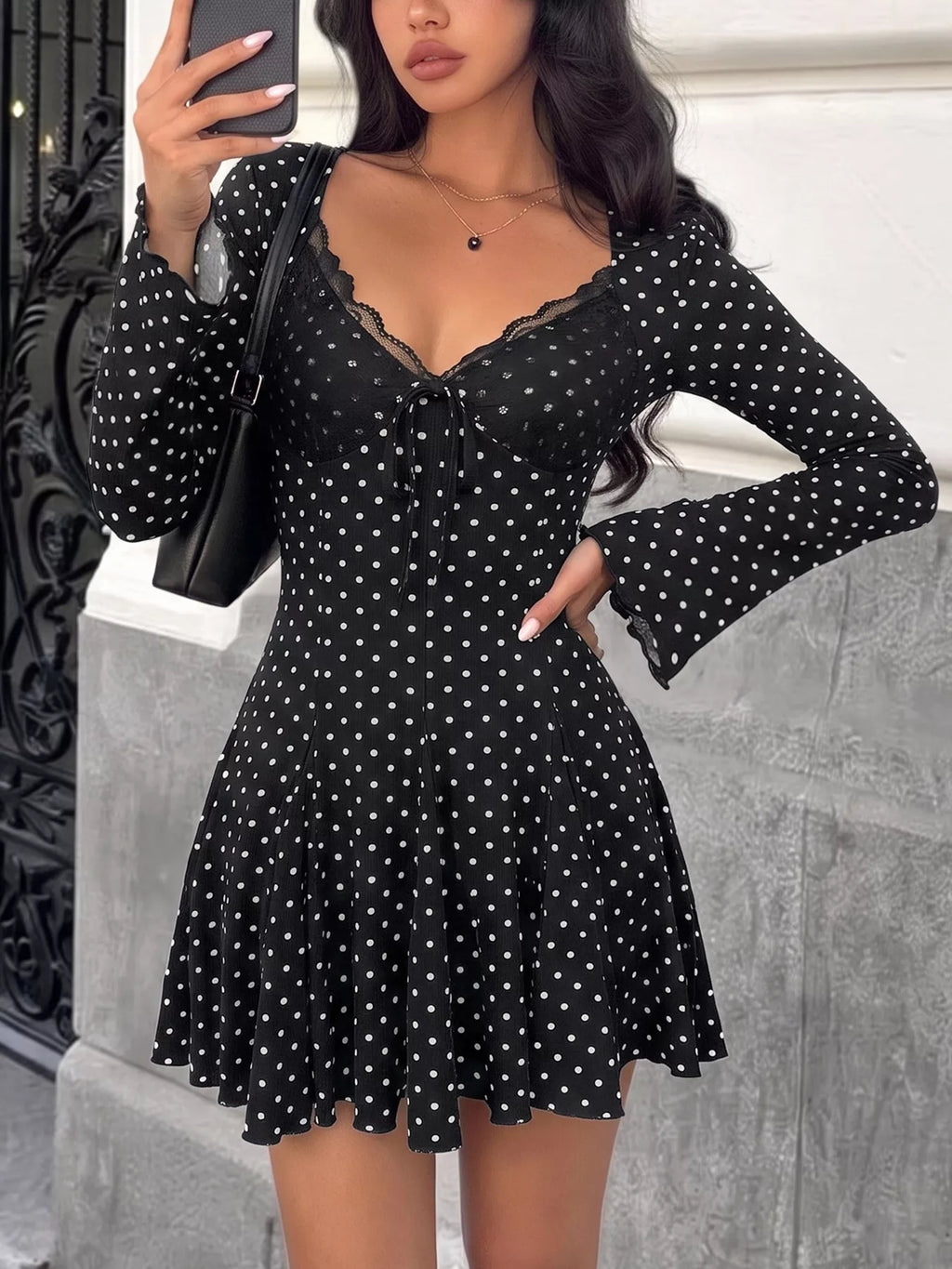 YSONA Polka Dot Lace Trimmed V-Neck Mini Dress — front view | Women's Dress | Shop YSONA