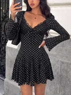 YSONA Polka Dot Lace Trimmed V-Neck Mini Dress — front view | Women's Dress | Shop YSONA