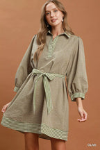 YSONA Umgee Striped Contrast Belted Puff Sleeve Mini Dress — model wearing | Women's Dress | Shop YSONA