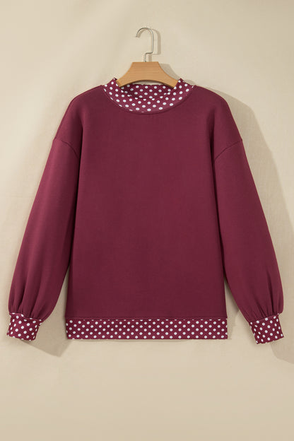 Burgundy Colorblock Polka Dot Contrast Trim Oversized Sweatshirt