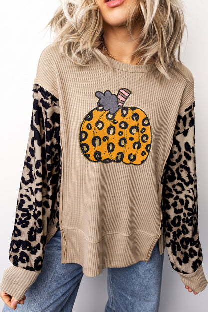 Gray Morn Leopard Sleeve Pumpkin Graphic Western Pullover Top