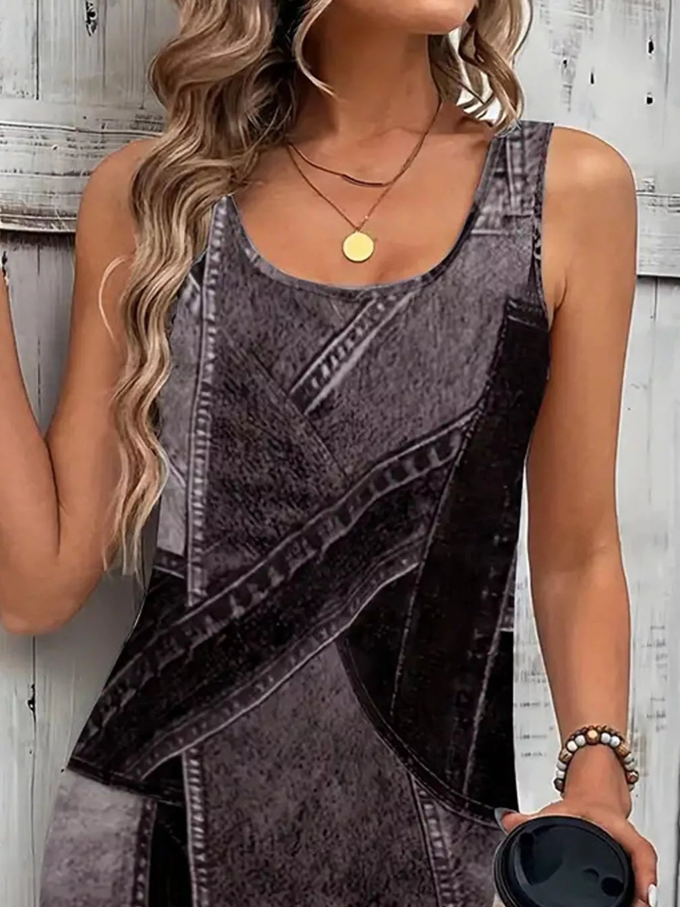 YSONA Patchwork Denim Sleeveless Dress — full length view | Women's Dress | Shop YSONA
