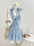 YSONA Halter Neck Bow Tie Pleated Mini Dress — front view | Women's Dress | Shop YSONA