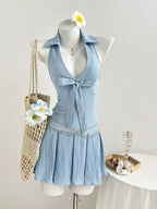 YSONA Halter Neck Bow Tie Pleated Mini Dress — front view | Women's Dress | Shop YSONA