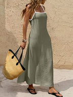 YSONA Spaghetti Strap Maxi Dress with Contrasting Trim — detail view | Women's Dress | Shop YSONA