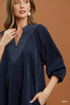 YSONA Umgee Corduroy V-Neck Puff Sleeve Shift Dress with Pockets — model wearing | Women's Dress
