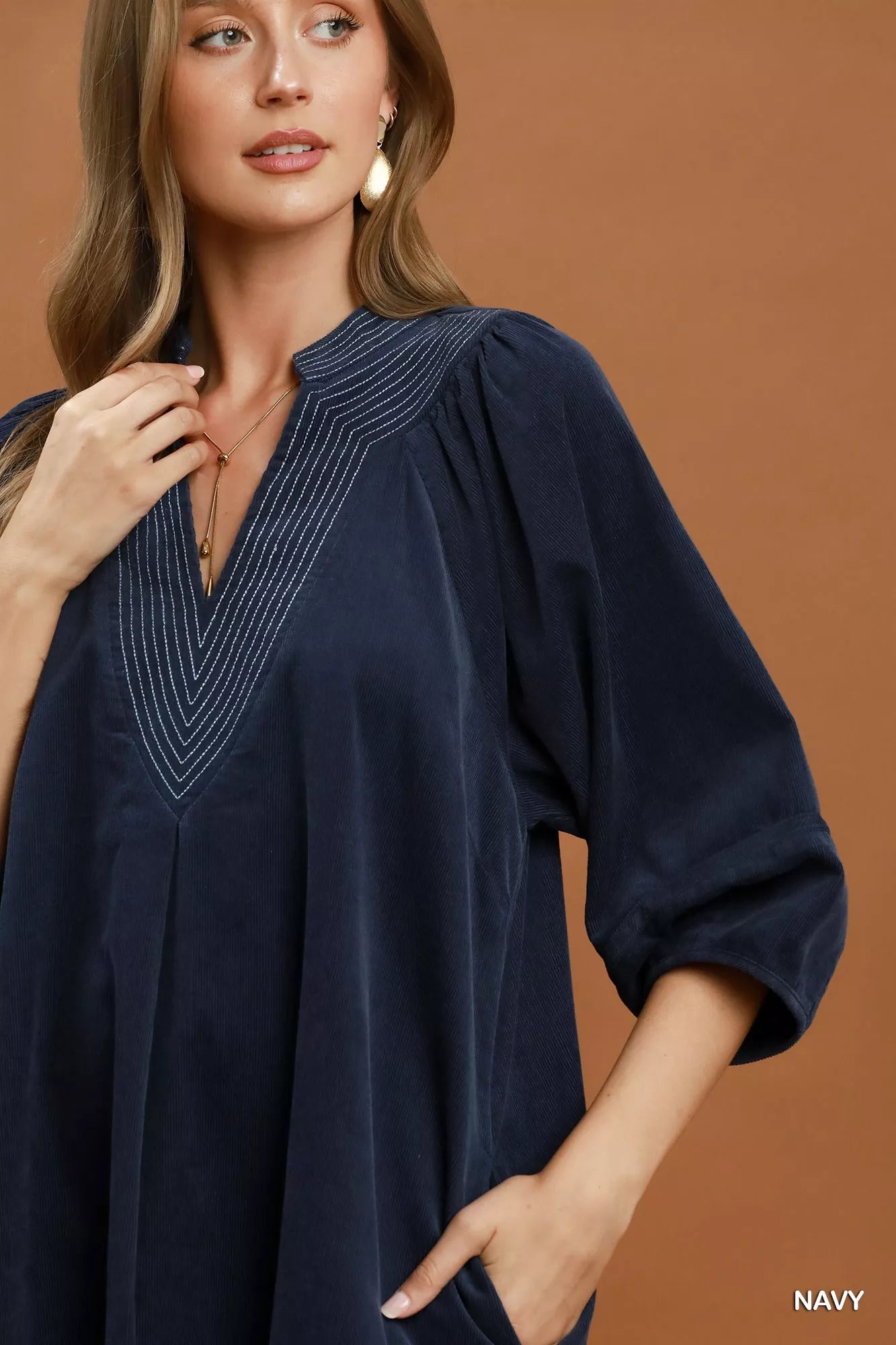 YSONA Umgee Corduroy V-Neck Puff Sleeve Shift Dress with Pockets — model wearing | Women's Dress