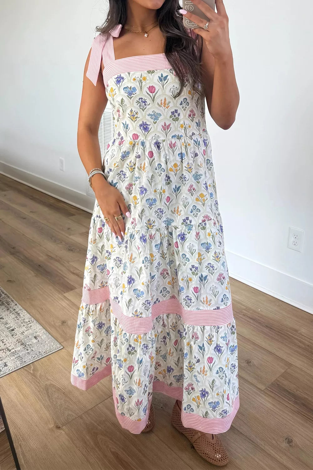 YSONA Tiered Floral Tie Shoulder Midi Dress — side view | Women's Dress | Shop YSONA