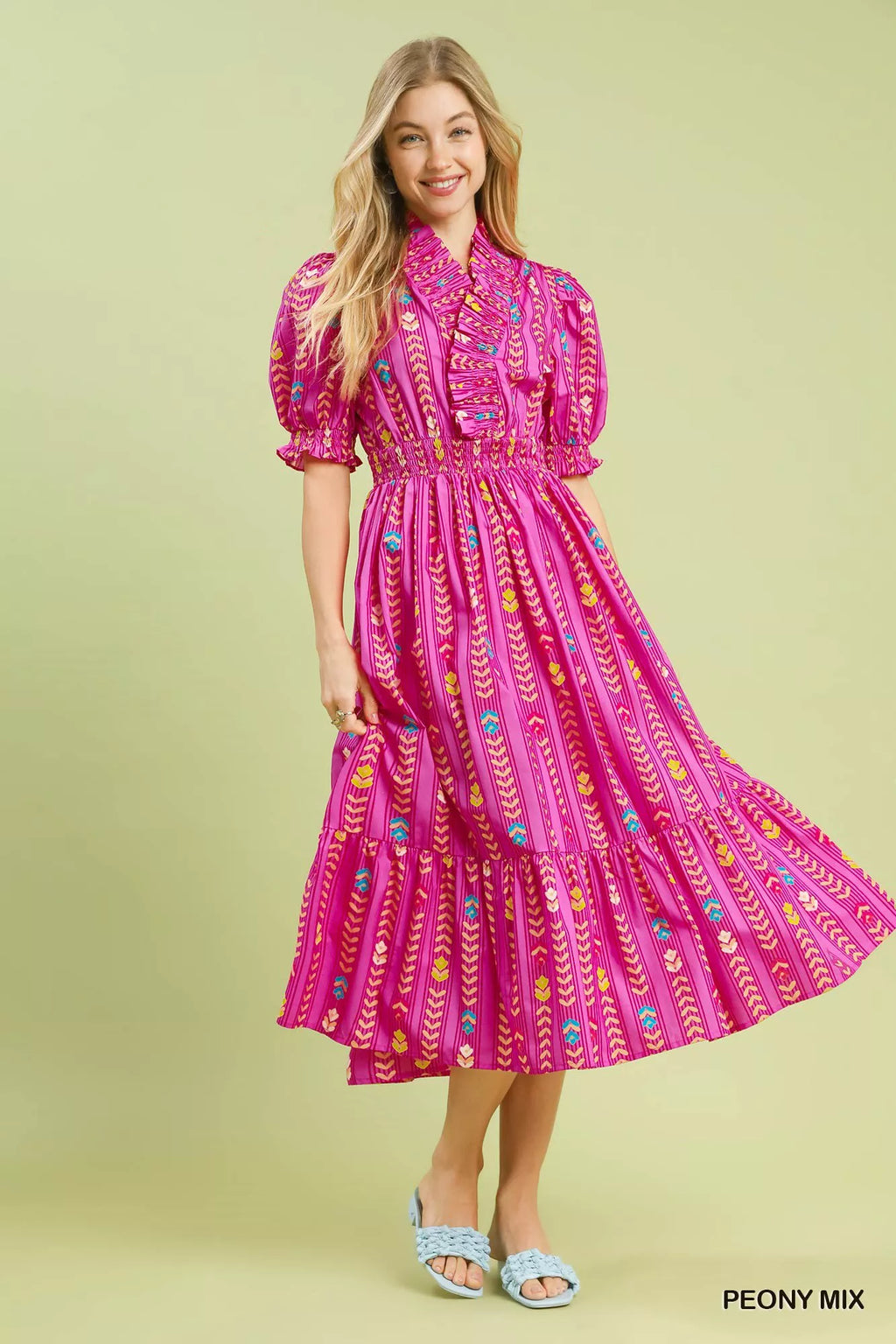 YSONA Umgee Vibrant Ruffle Smocked Midi Dress — detail view | Women's Dress | Shop YSONA