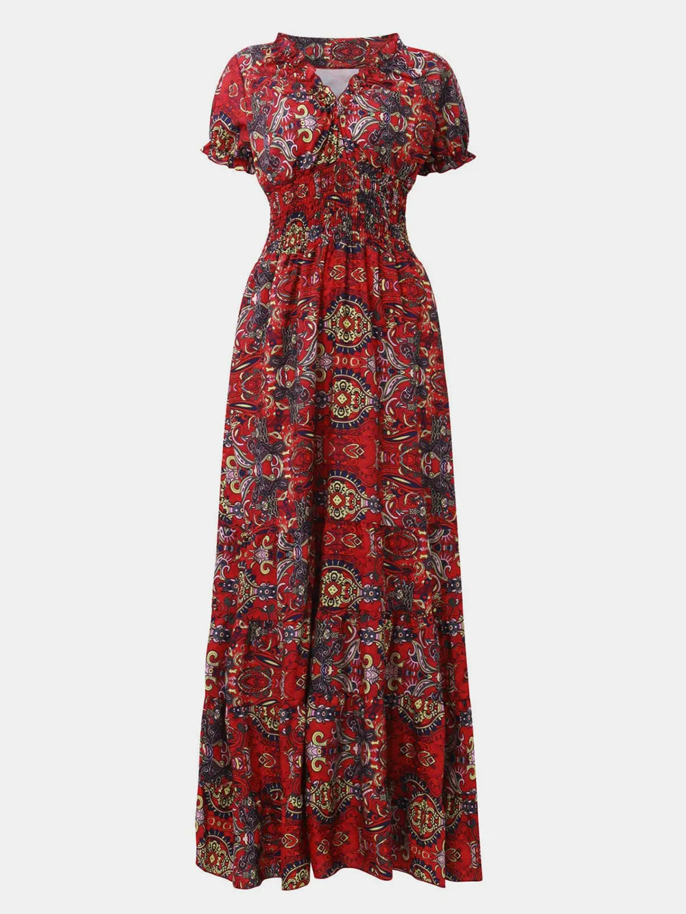 YSONA Full Size Smocked Printed V-Neck Short Sleeve Dress — detail view | Women's Dress