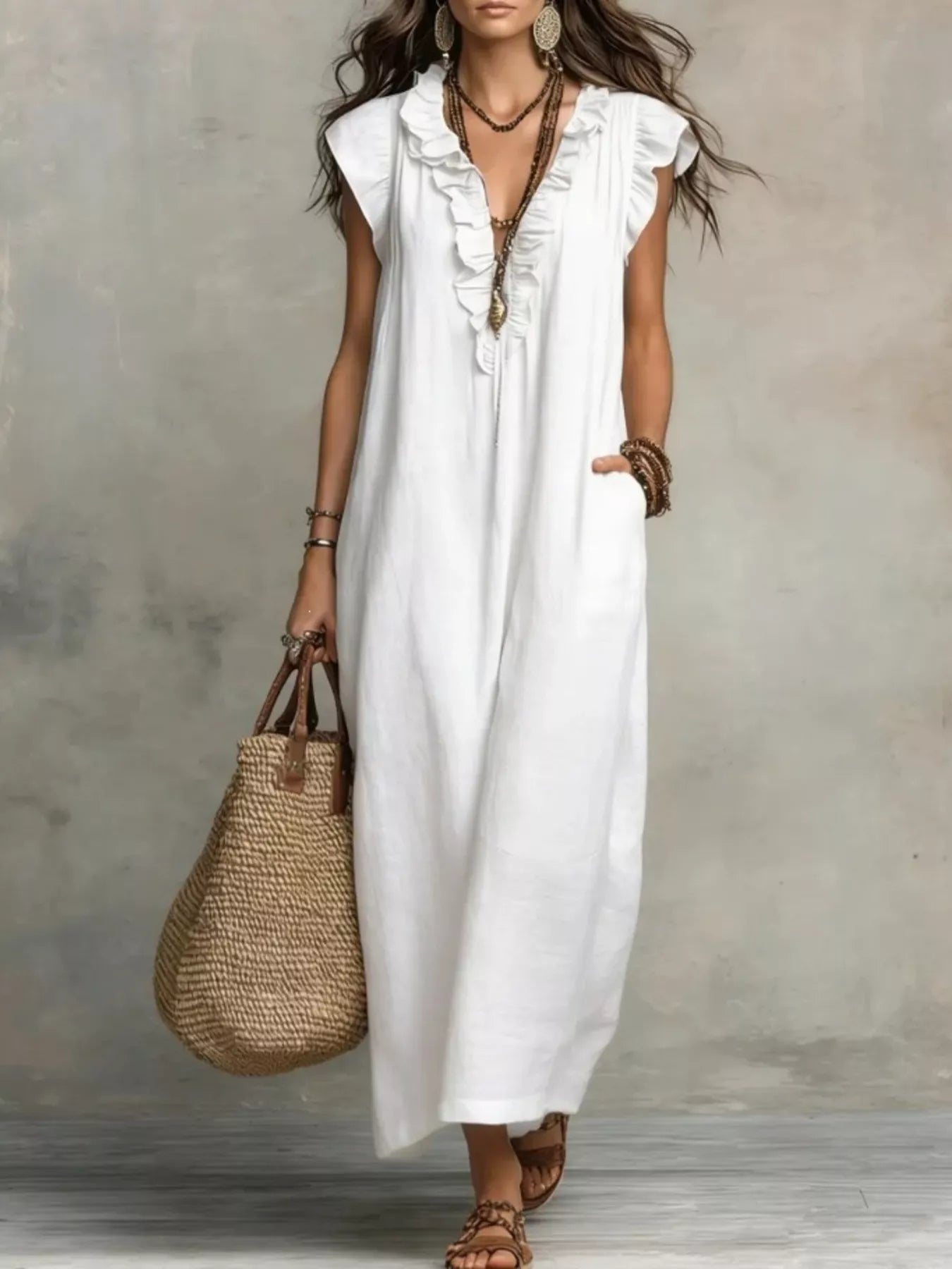 YSONA Ruffled V-Neck Maxi Dress — front view | Women's Dress | Shop YSONA