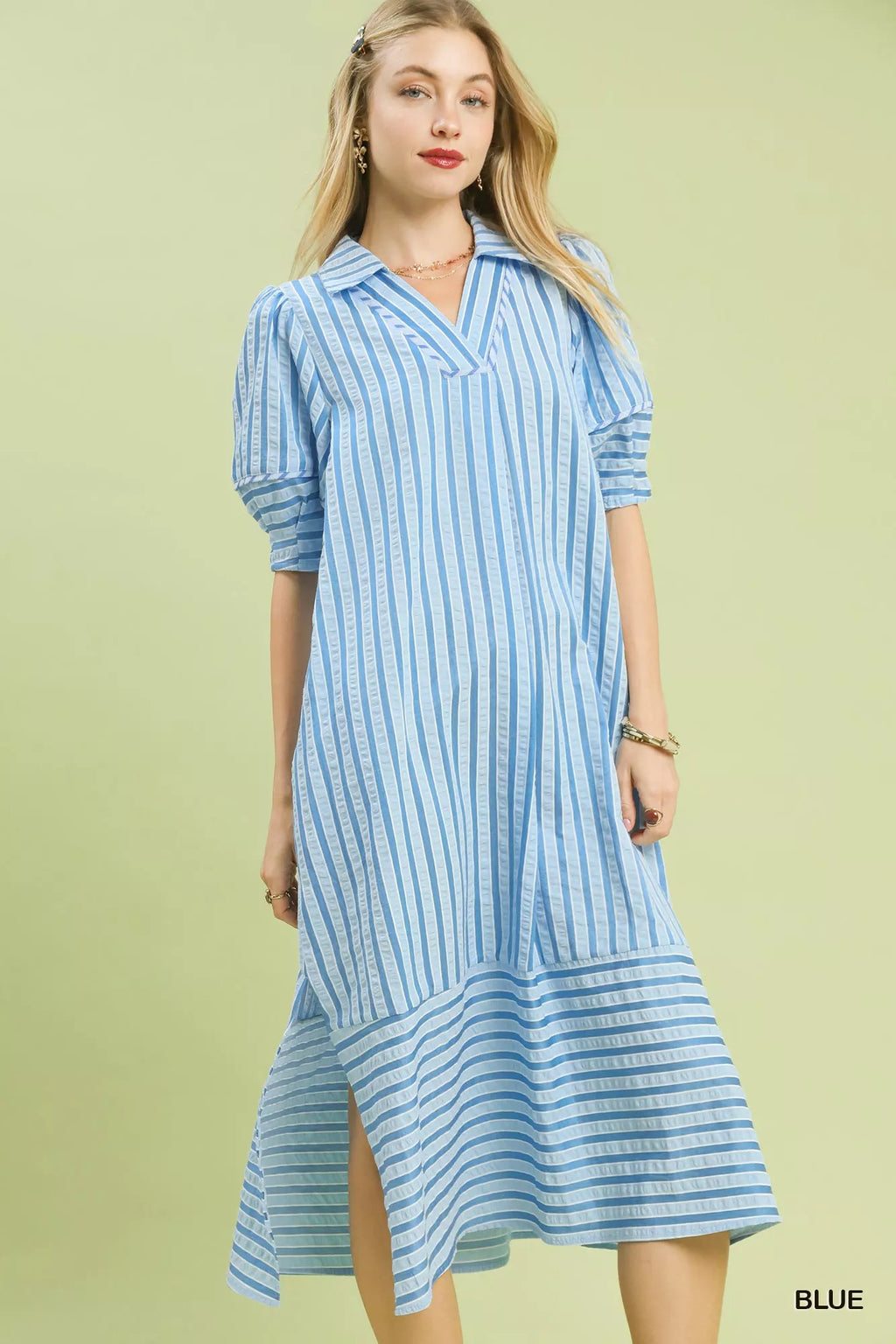 YSONA Umgee Striped Puff Sleeve Midi Dress — front view | Women's Dress | Shop YSONA