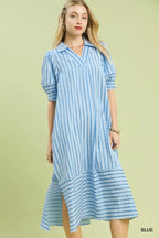 YSONA Umgee Striped Puff Sleeve Midi Dress — front view | Women's Dress | Shop YSONA